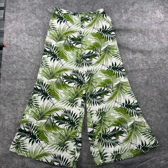 Midnight Sky Pants - Midnight Sky Pants Womens L Green White Floral Wide Leg Tropical Flax Blend NEW